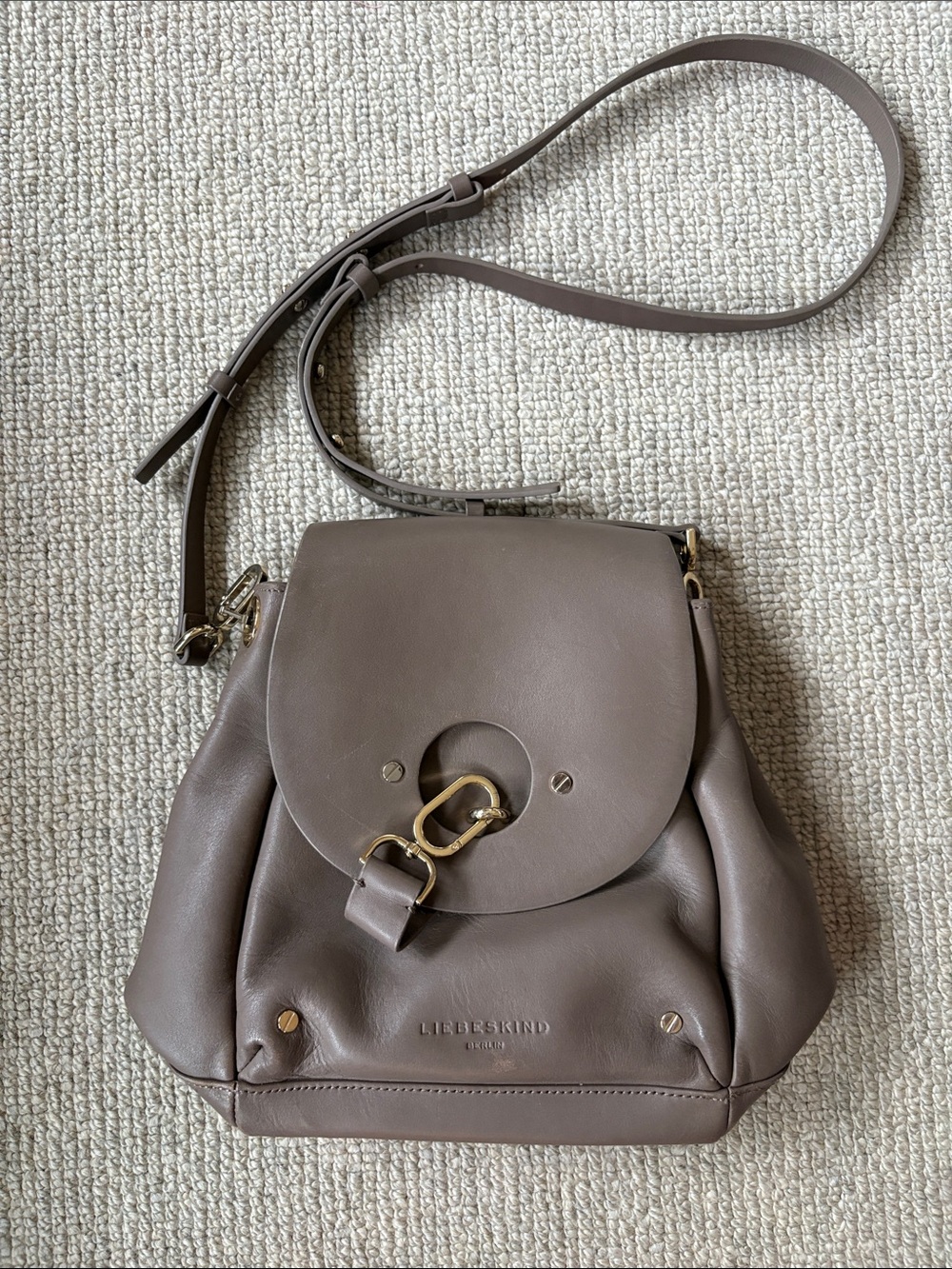 Liebeskind Taupe Brown Leather Crossbody Bag with Gold Hardware Lobster Clasp